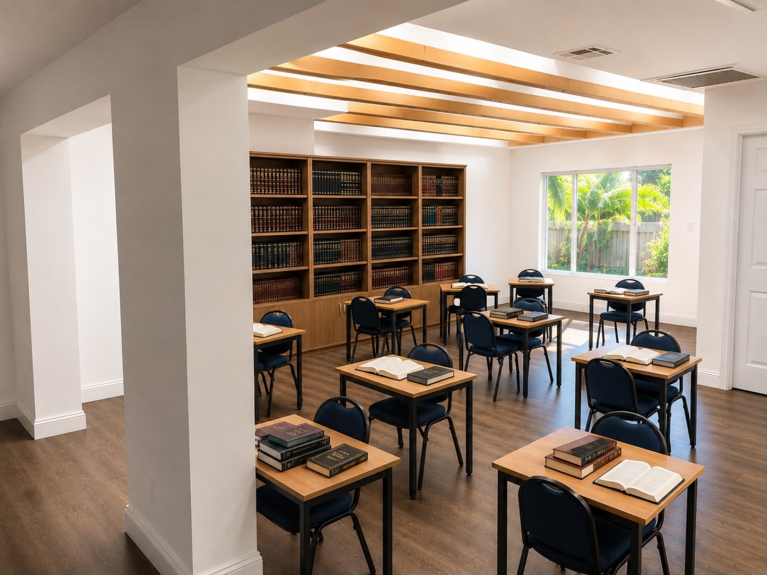 Prepared yeshiva classroom and library